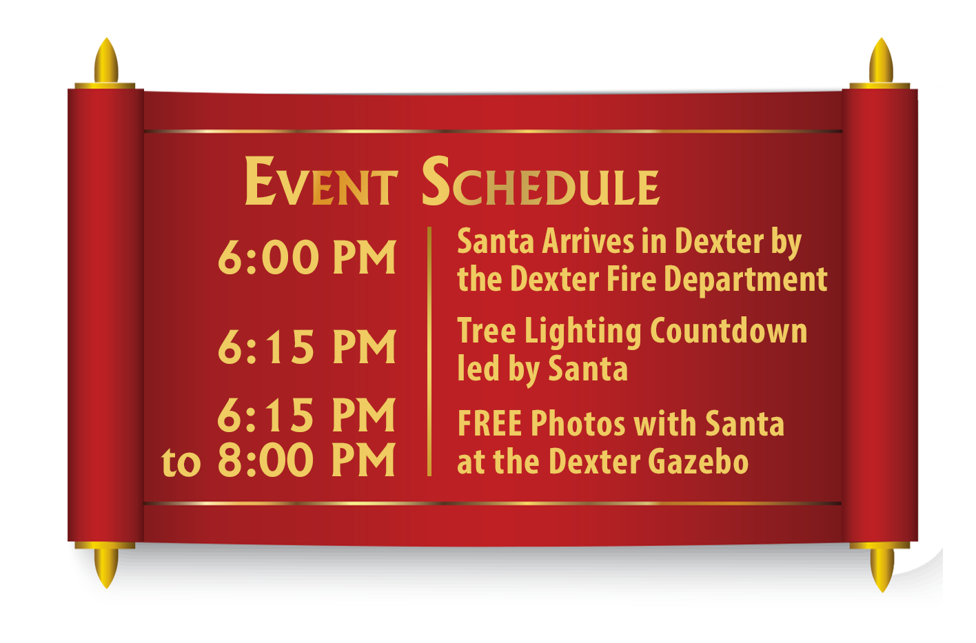 6:15PM-8:00PM, FREE photos with Santa at the Dexter Gazebo!